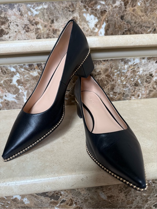 Coach Shoes - Coach Black Pointed Low Block Heel Pumps with Gold Stud Trim